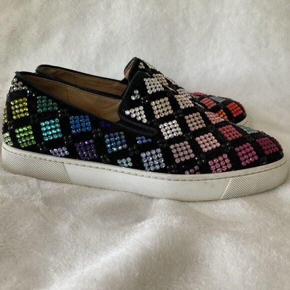 Christian Louboutin Multicolor Crystal Sneakers 7.5 Ladies Black Boat Roller - Picture 5 of 14